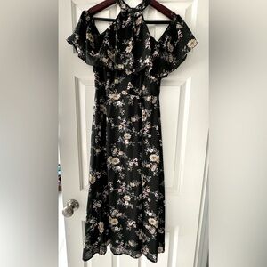 Rename Women's Dress Chiffon Halter Neck Floral Print Cold Shoulder Short Sleeve